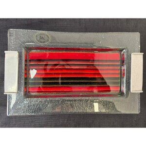 El Arte del Vidrio Handmade Glass Vanity Tray Red Stripe Ribbon Pewter Handles